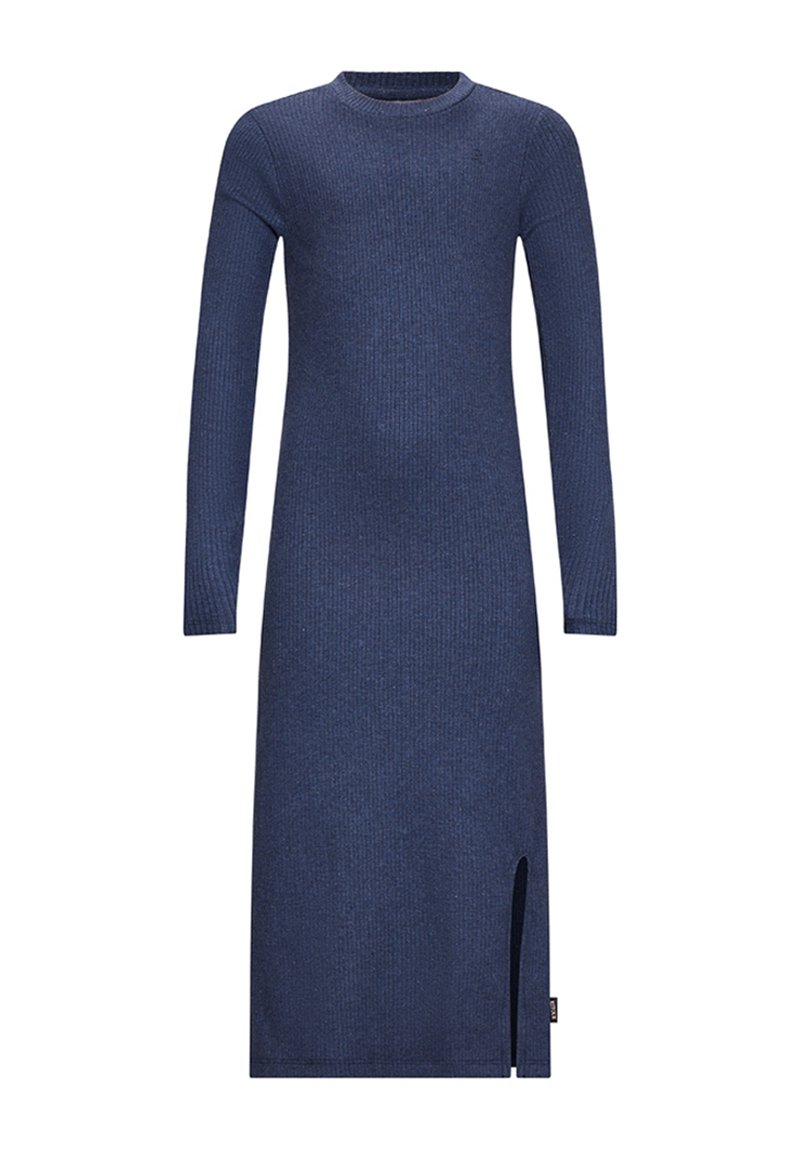 Abito lungo a maniche lunghe di maglia a coste blu navy con scollatura a girocollo e spacco laterale vicino all'orlo, lunghezza midi.
