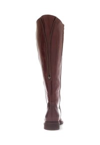 Botas de cuero marrón hasta la rodilla con cremallera trasera, puntera redonda y tacón apilado. Textura suave y diseño elegante, sin adornos visibles.