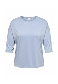 Lys blå kortermet topp laget av mykt stoff, med en løs passform og rund hals. Enkel design uten mønstre eller dekorasjoner.