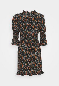 Robe noire à fleurs orange et blanches, manches bouffantes, poignets smockés, col montant et ourlet volanté.