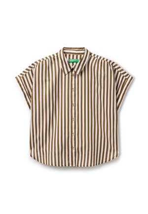 Short-sleeve collared shirt featuring brown and white vertical stripes, button front, and rounded hem. Made of lightweight fabric.