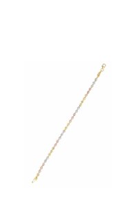 Zlatna, srebrna i ružičasto zlatna isprepletena metalna narukvica s dekorativnim uzorkom čvora i kopčom na dugme.