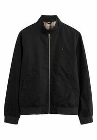 Veste noire zippée avec col montant, deux poches avant, poignets et ourlet côtelés, et un petit logo rouge brodé sur la poitrine gauche.