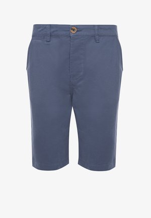 Dunkelblaue Shorts aus leichtem, glattem Material. Verfügt über einen Frontverschluss mit Knopf, Gürtelschlaufen und zwei Seitenplauschen.