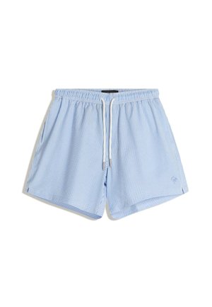 Svetlomodré a biele plavkové šortky s vertikálnymi pruhmi, elastickým pásom a bielym sťahovacím šnúrkou, bočnými vreckami a malým vyšívaným logom palmy.