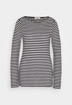 Maglietta a maniche lunghe con scollatura rotonda, caratterizzata da una stampa a righe blu navy e bianche. Realizzata in tessuto morbido con una silhouette aderente.