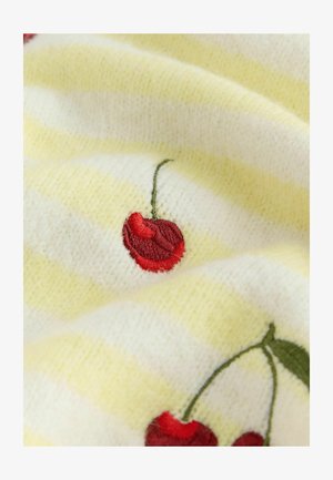 Striped fabric in pale yellow and white, featuring red embroidered cherries with green stems. Soft texture visible.
