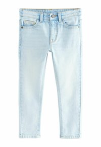 Világoskék farmernadrág, slim fit szabással, öt zsebes dizájnnal, övcsatokkal, és finom kopásokkal az anyagon.