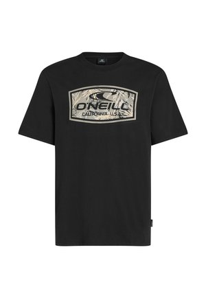 Fekete pamut póló, amely téglalap alakú grafikát ábrázol pálmalevelekkel és a "ONEILL CALIFORNIA U.S.A." felirattal bézs és szürke színben. Rövid ujjak.