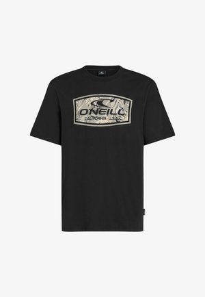 Black cotton t-shirt featuring a rectangular graphic with palm leaves and the text "ONEILL CALIFORNIA U.S.A." in beige and gray. Short sleeves.