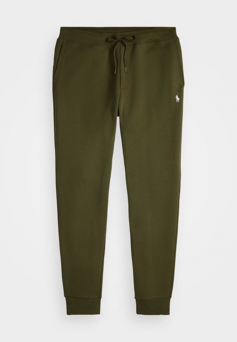 Olive roheline dressipüksid pehmest materjalist, millel on nööriga vöökoht, elastsed varrukad ja väike logo detail vasakul reiel.