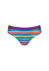 Wielobarwne majtki bikini z purpurowym pasa mają wzór w zygzak w zielonych, niebieskich, różowych i pomarańczowych odcieniach. Gładka faktura materiału.