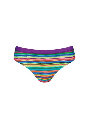 Wielobarwne majtki bikini z purpurowym pasa mają wzór w zygzak w zielonych, niebieskich, różowych i pomarańczowych odcieniach. Gładka faktura materiału.