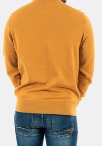 Pull tricoté jaune moutarde avec un ourlet et des poignets côtelés, vu de dos, associé à un jean en denim bleu.