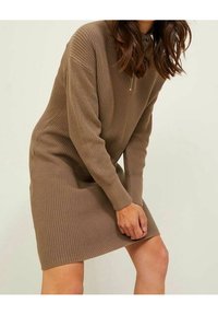 Abito in maglia marrone con scollo alto e maniche lunghe. Presenta una texture a coste e una cerniera decorativa al collo. Lunghezza fino a metà coscia.