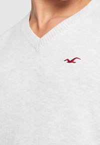 Pull en V gris clair fabriqué en maille douce, avec un petit logo rouge sur la poitrine. Col côtelé texturé.