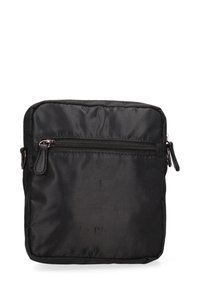 Borsa nera in nylon di forma quadrata, con una tasca frontale con zip e una superficie testurizzata. Include una maniglia laterale per il trasporto.