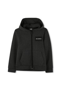 Grijze zip-up hoodie gemaakt van zachte stof, met een trekkoordkap, voorzakken en een rechthoekig logopatch op de linkerkant van de borst.