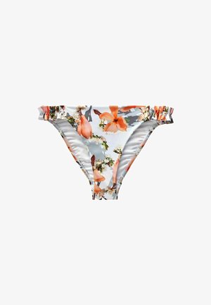 Floral bikini bottom with ruffle trim, featuring a white base color and orange flowers. Made from smooth fabric with elastic waistband.
