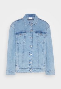 Light blue denim jacket with button closure, two chest flap pockets with buttons, and long sleeves on a white background.
