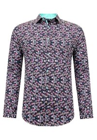 Langarmshirt in donker marineblauw met een bloemenpatroon in roze, blauw en groene accenten; button-down kraag met turquoise binnenvoering.