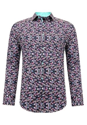 Langarmshirt in donker marineblauw met een bloemenpatroon in roze, blauw en groene accenten; button-down kraag met turquoise binnenvoering.
