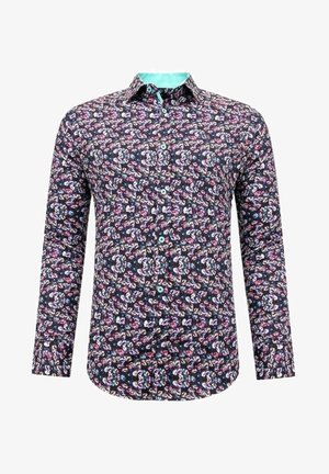 Langarmshirt in donker marineblauw met een bloemenpatroon in roze, blauw en groene accenten; button-down kraag met turquoise binnenvoering.