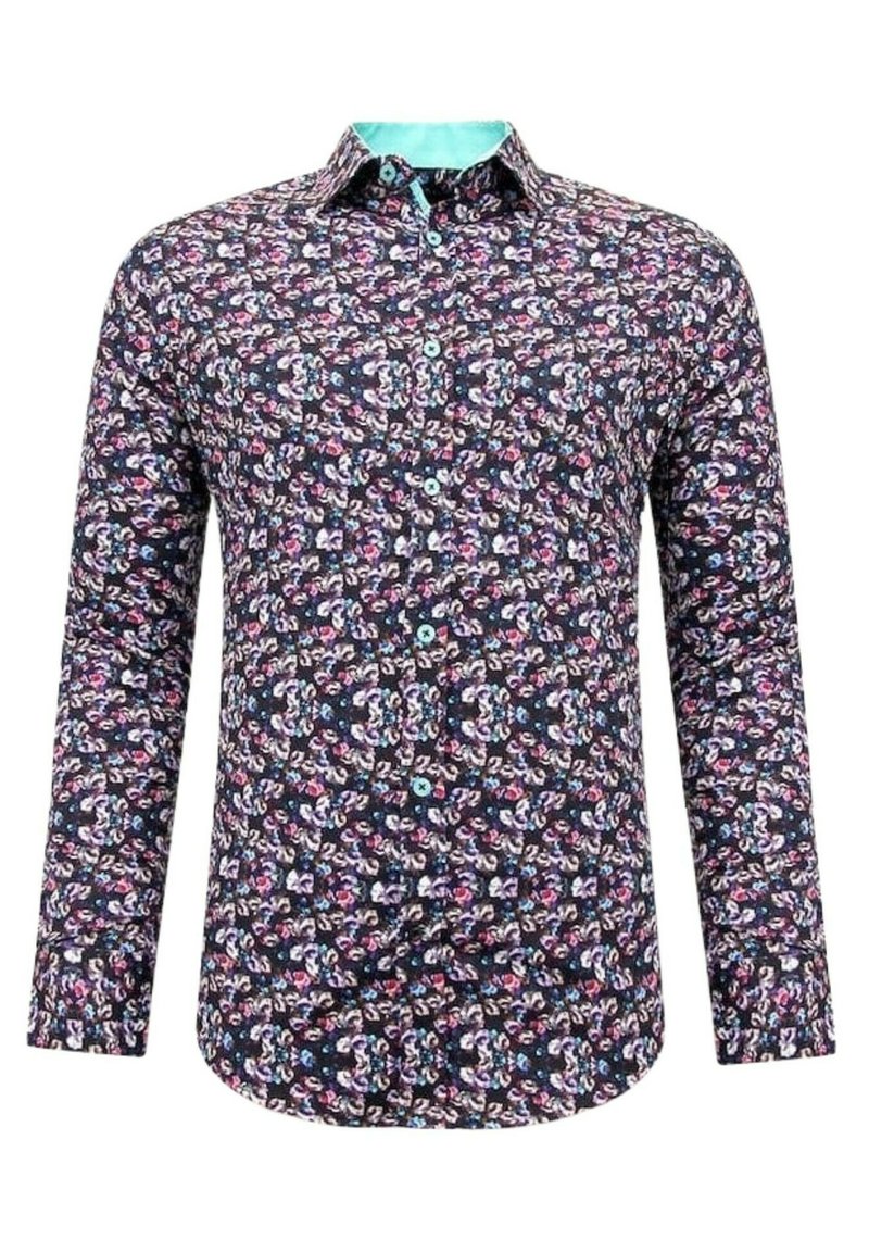 Langarmshirt in donker marineblauw met een bloemenpatroon in roze, blauw en groene accenten; button-down kraag met turquoise binnenvoering.