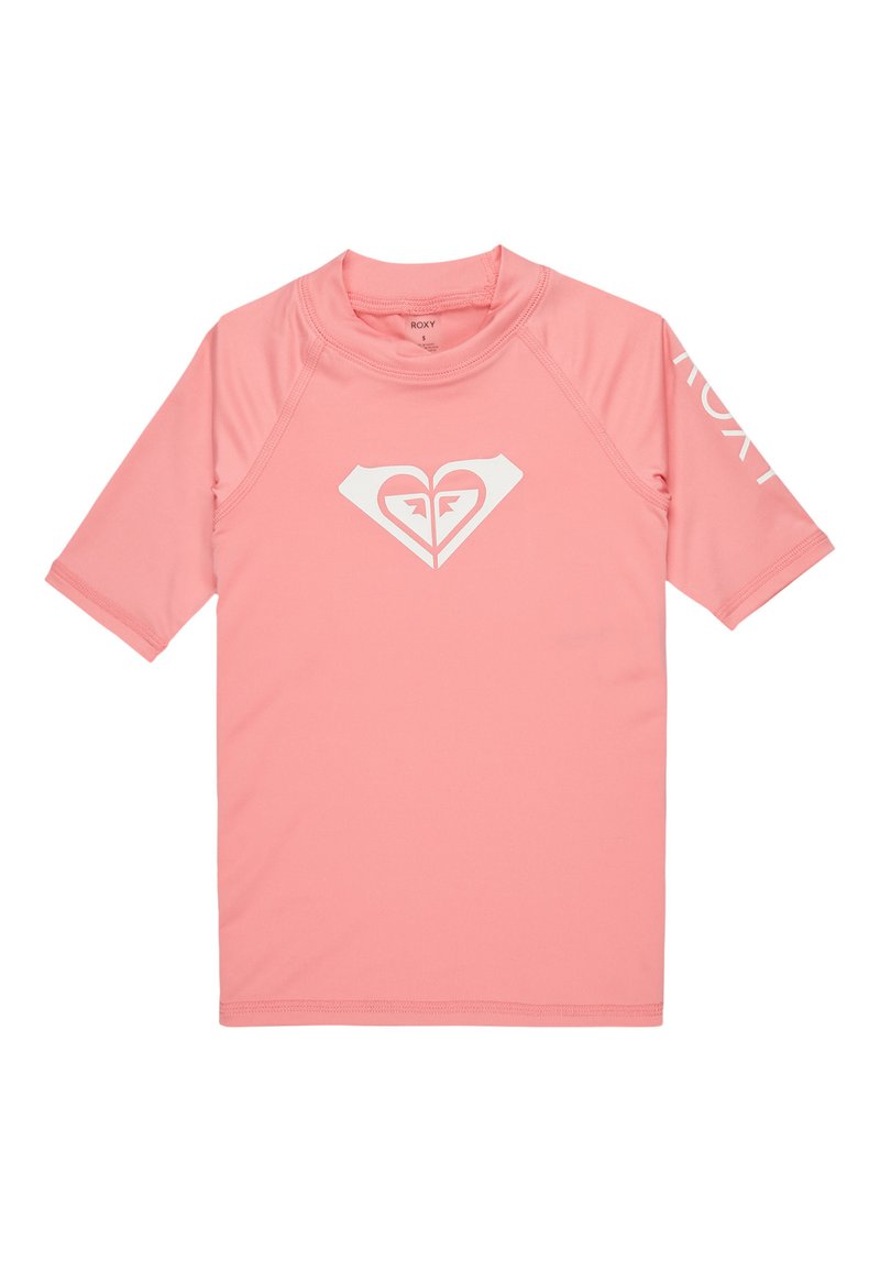 Růžový ochranný top vyrobený z lehké látky, s bílým logem srdce na hrudi a textem "ROXY" na rukávu. Krátký rukáv.