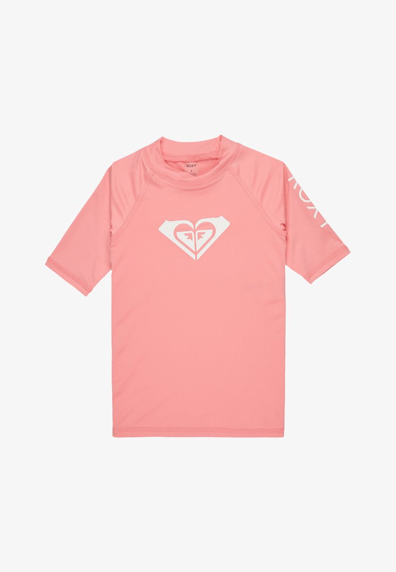 Vaate vaaleanpunainen rash guard, joka on valmistettu kevyestä kankaasta. Rintaosassa on valkoinen sydänlogo ja hihassa "ROXY"-teksti. Lyhythihainen malli.