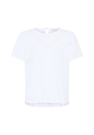 Biela blúzka s krátkym rukávom a okrúhlym výstrihom, jemné čipkované detaily a zapínanie na gombíky na chrbte, s označením "Pulz Jeans".