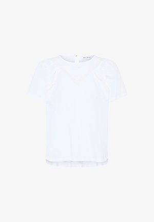 Biela blúzka s krátkym rukávom a okrúhlym výstrihom, jemné čipkované detaily a zapínanie na gombíky na chrbte, s označením "Pulz Jeans".