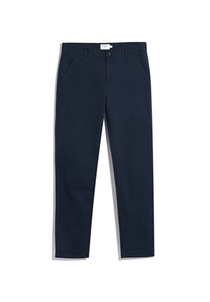 Navy blue cotton chinos with a straight cut, featuring side pockets, a front button closure, and a minimalist design with no patterns.