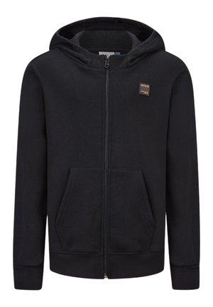 Sort lynlås-hoodie lavet af bomuld, med en frontlomme, justerbar hætte med snøre, ribbede ærmegab og et lille brandlogo-patch på brystet.