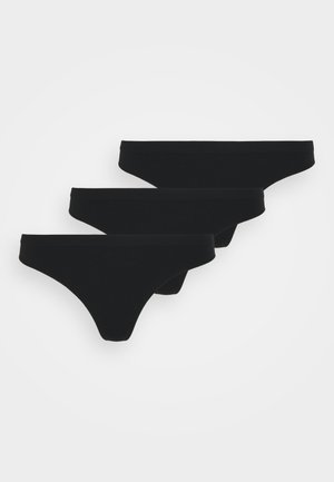 Tričko čierne tangá nohavičky vyrobené z mäkkej látky. Každé z nich má hladký pás a minimálny dizajn, bez viditeľných vzorov alebo akcentov.