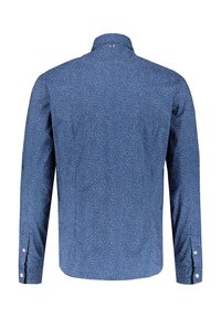 Camicia blu a maniche lunghe con una trama a motivo caratterizzata da piccole macchie bianche. Colletto classico e chiusure a bottone sui polsini.