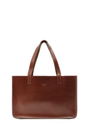 Sac cabas rectangulaire en cuir marron avec doubles poignées et coutures discrètes, présenté sur fond blanc.