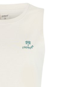 Top bianco senza maniche con logo verde di palma e scritta "Protest" sul petto sinistro, etichetta taglia S36 visibile all'interno della scollatura.