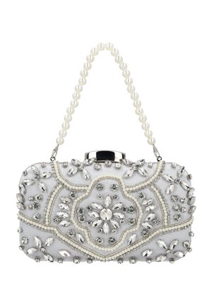 Koblingspung med perlehåndtag, dekoreret med hvide perler og klare rhinsten i blomster- og geometriske mønstre.