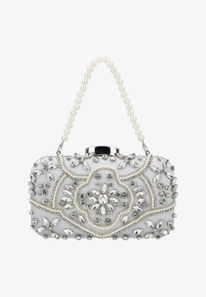Borsa a busta con manico di perle, decorata con perline bianche e strass trasparenti disposti in motivi floreali e geometrici.