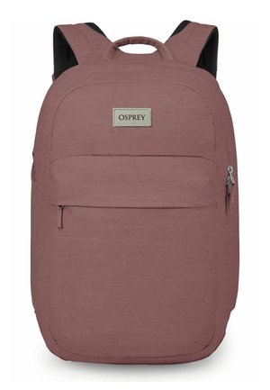 Petit sac à dos mauve avec poignée supérieure, bretelles doubles, poche avant zippée et patch logo Osprey sur le panneau avant.