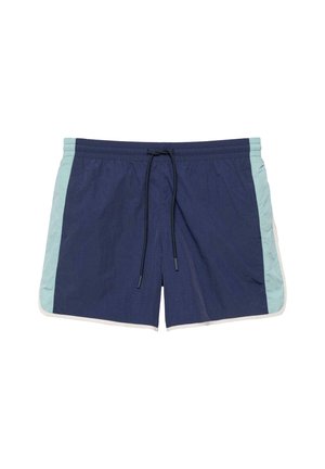 Short de bain bleu marine avec panneaux latéraux bleu clair, taille élastique et cordon de serrage noir.