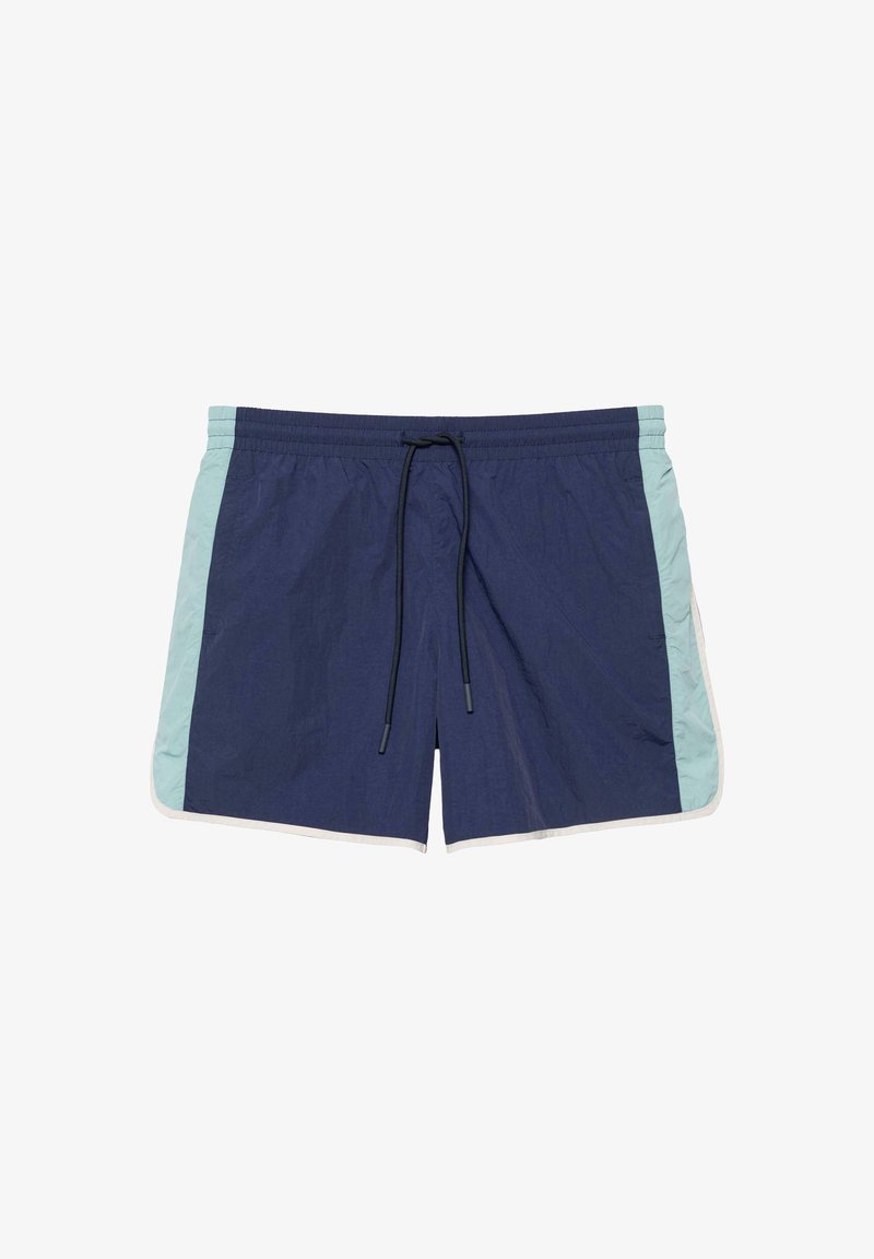 Short de bain bleu marine avec panneaux latéraux bleu clair, taille élastique et cordon de serrage noir.
