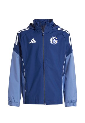 Blå hættejakke med hvide striber på skuldrene, Adidas-logo på højre bryst og FC Schalke 04 fodboldklubvåben på venstre bryst.