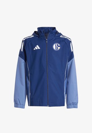 Giacca blu con cappuccio con strisce bianche sulle spalle, logo Adidas sul petto destro e stemma del club calcistico FC Schalke 04 sul petto sinistro.