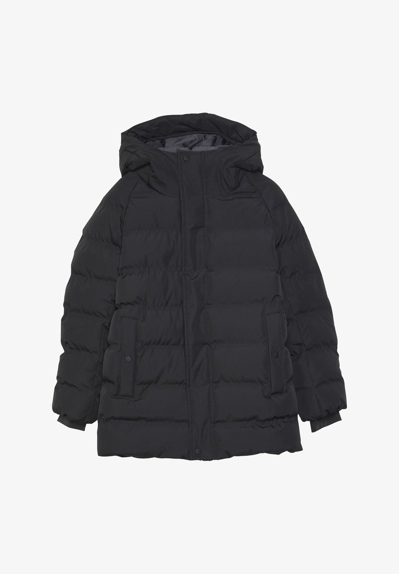 Juodas pūkuotas parko švarkas su kapišonu, su snap-button užsegimu, dviem priekiniais kišenėmis ir pilnavidurių rankovių apdaila. Lygus, siuvinėjimo audinys.