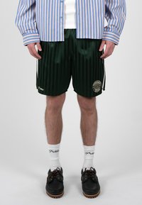 Persona con pantalones cortos negros a rayas con parches, calcetines blancos con texto, zapatos negros y una camisa a rayas verticales azul y rosa, de pie contra un fondo liso.