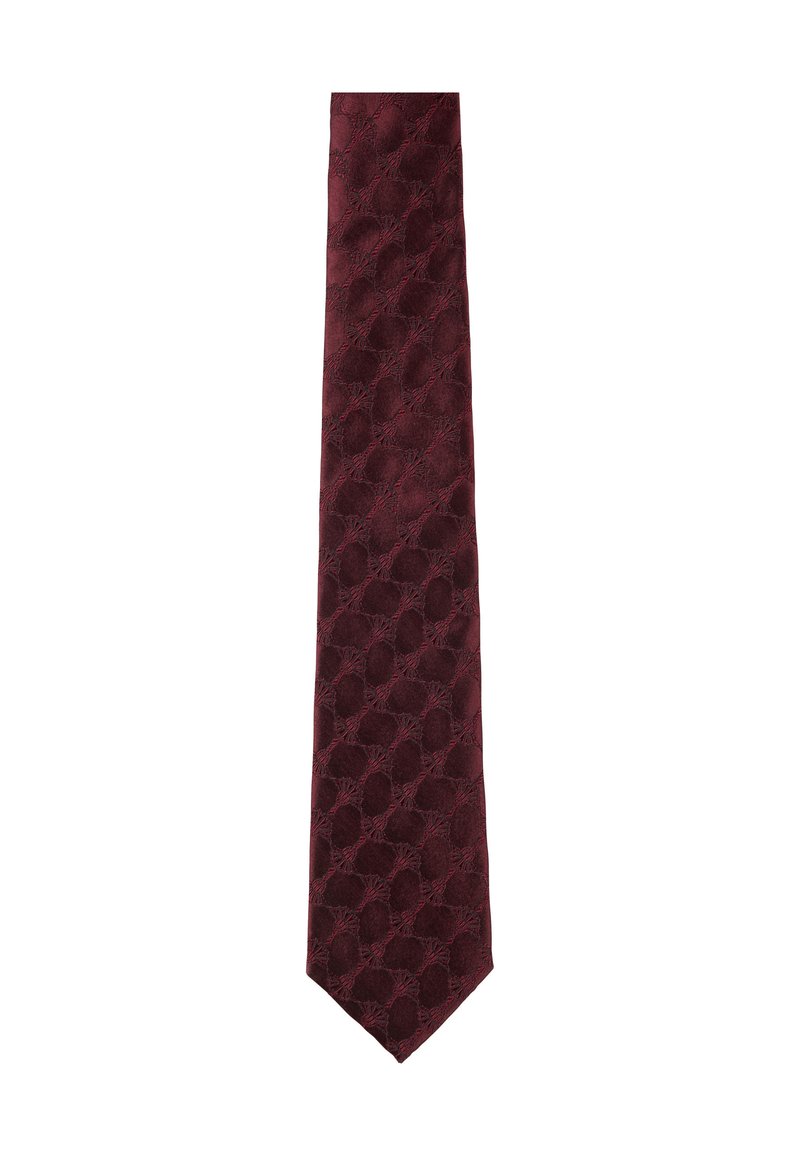 Bordeaux stropdas van textiel met een structuur, met een patroon van verhoogde cirkels en een subtiele glans. Slanke vorm met een spitse punt.