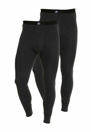 Two pairs of dark grey thermal long johns with black elastic waistbands and small logo tags on the front center waist.