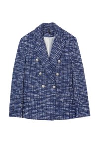 Blazer croisé à carreaux bleu et blanc avec de larges revers et six boutons argentés, posé à plat sur un fond blanc.